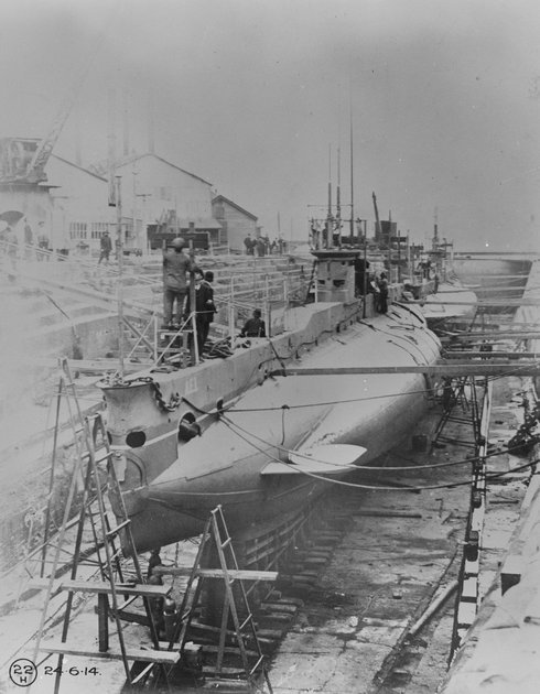 HMAS AE2 with HMAS AE1 astern in Fitzroy Dock, Cockatoo Island, 24 June 1914
