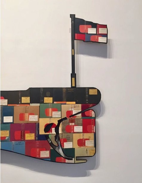 In celebration of the discovery of the wreck of HMAS AE1 in 2017, the artist Jo Frobisher produced an image of AE1 from the covers of books recently donated by the West Australian branch of the Royal United Services Institute. This is part of that image.